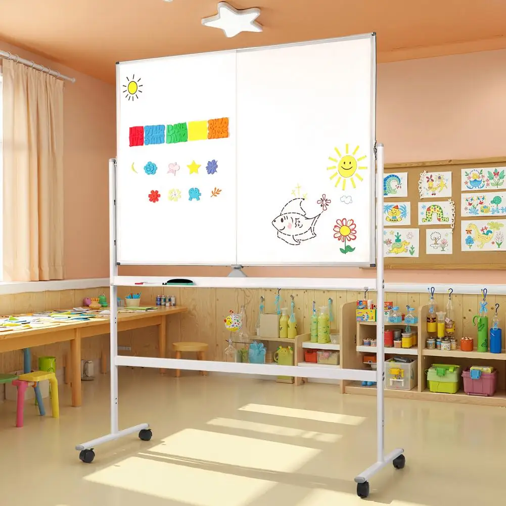 Mobile Whiteboard, 90x120cm 360 Degree Rolling-over Double Sided White Board Stand, Folded Magnetic Standing White Board