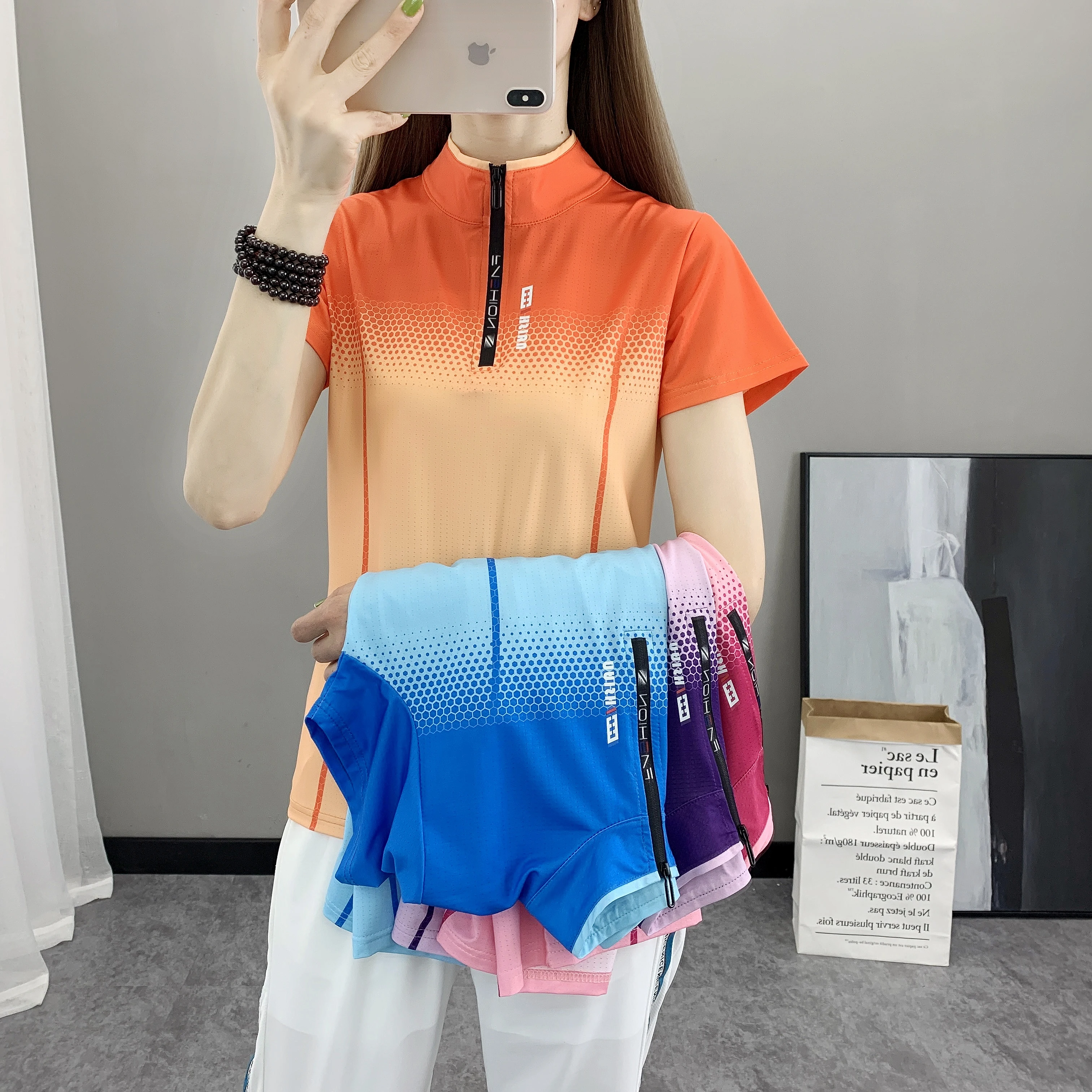 

Summer Woman Running Hiking Quick-drying Sweatshirt Gradient Short Sleeves Shirt Breathable Crewneck Stand Collar Top T-shirt