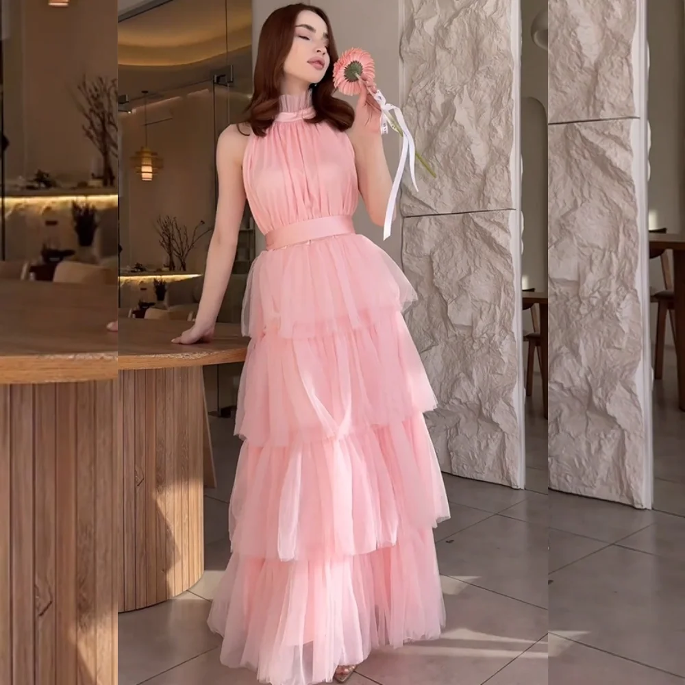 

Tulle Draped Tiered Christmas A-line High Collar Bespoke Occasion Gown Long Dresses