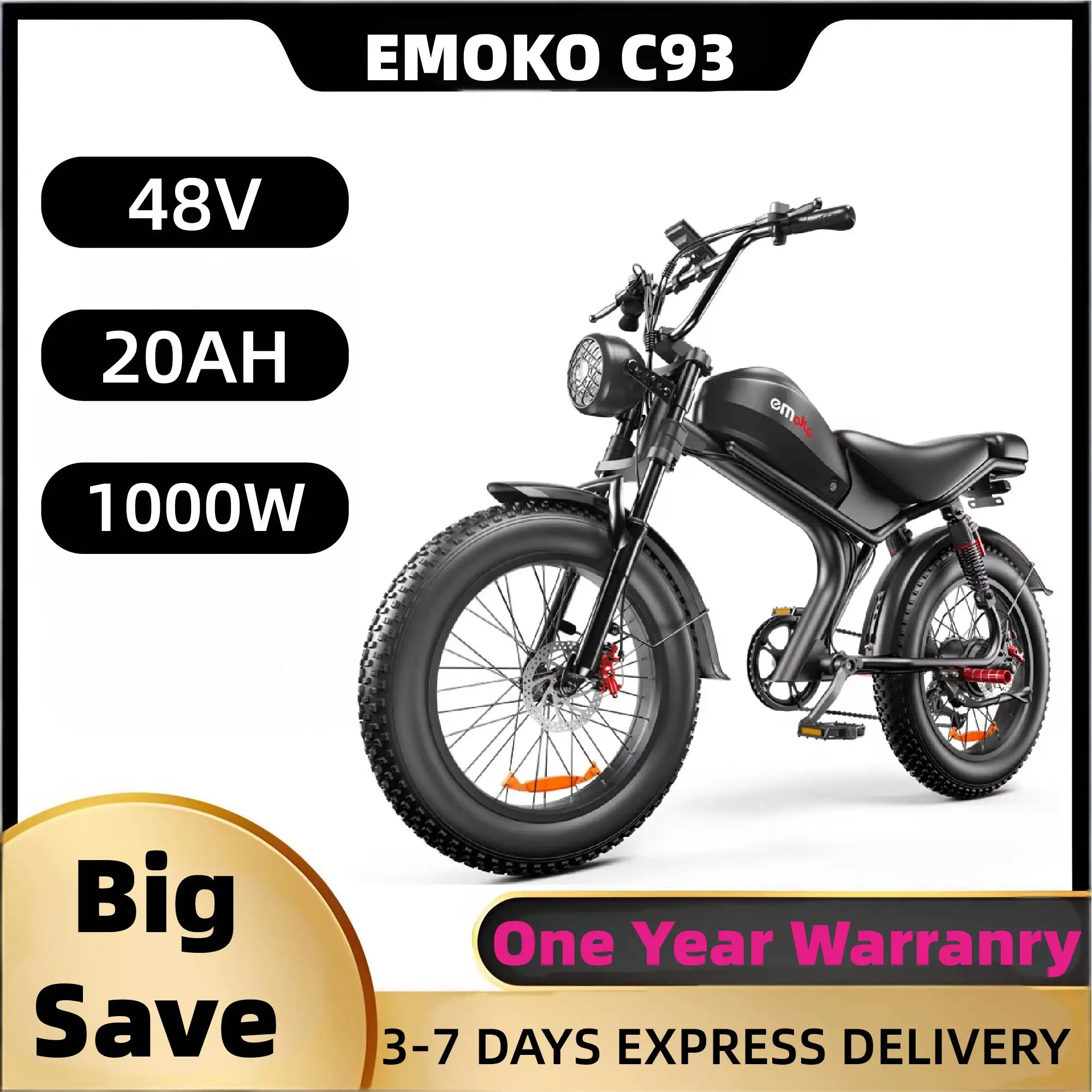 

Emoko C93 adult E-bike 1000W 48V20Ah battery commute Electric Bike,20-inch Fat Tire E-Mountain bike