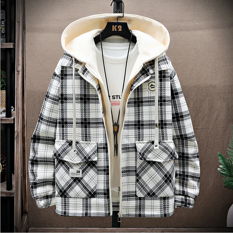 

Casual Men's Plaid Cotton Hooded Jackets 2024 Spring Autumn Fashion Loose Checkered Coat Streetwear Top Windproof Hoody Clothing