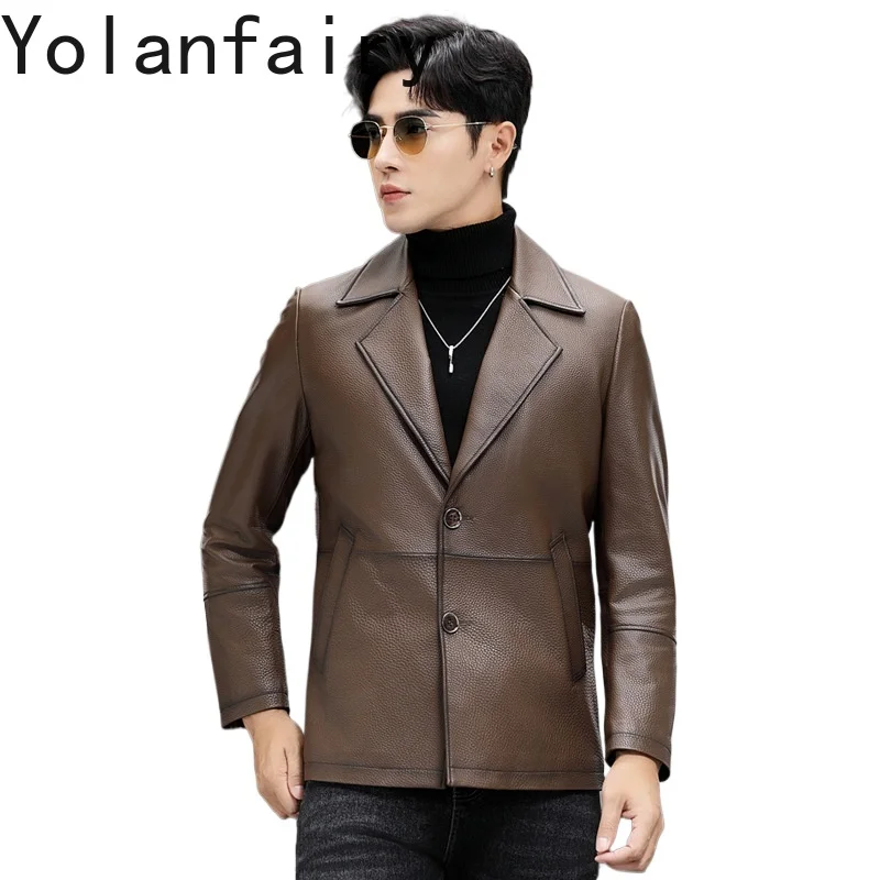 YOLANFAIRY Genuine Leather Man Jackets Autumn Winter Clothes Motorcycle Jacket Mid-length Coats Top Layer Cowhide Coat for Men