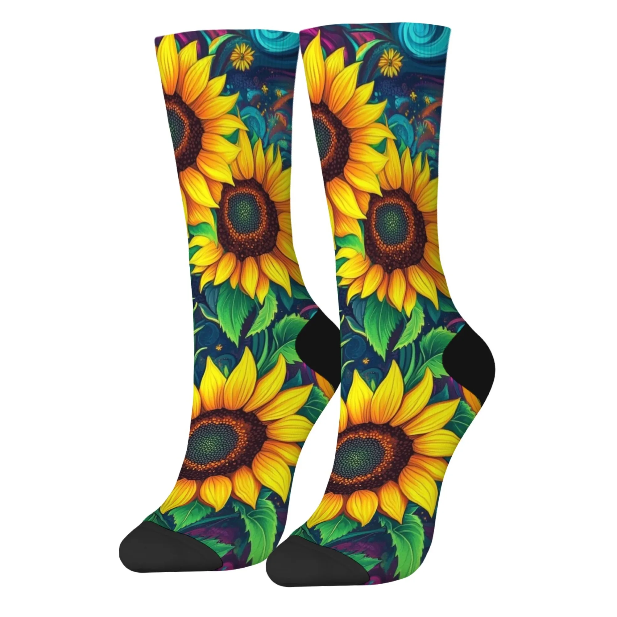 Herrensocken mit Sonnenblumen- und Blumenkunst, Neuheit, lustig, fröhlich, Crew-Socken, bequem, warm, Retro-Stil, lässig, modisch, Sportsocken, Geschenk