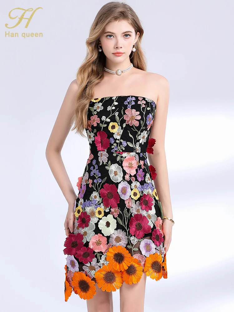 

H Han Queen Chic Embroidery 3D Floral Lace Dress Women Sleeveless Summer Irregular High Street Brithday Party Prom Dresses