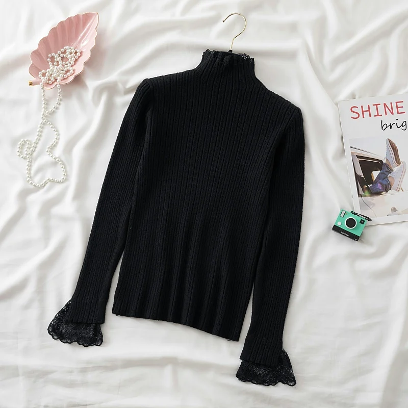 เสื้อไหมพรมผู้หญิงคอเต่าสูง แขนยาว แต่งผ้าลูกไม้ ดีไซน์ใหม่ สำหรับฤดูใบไม้ร่วงและฤดูหนาว เนื้อผ้านุ่ม สวมใส่สบาย