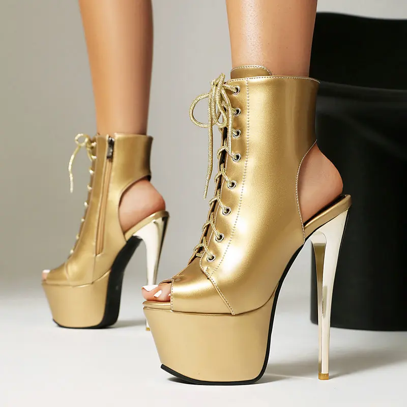 

Sexy Gold Silver Patent Leather Ankle Boots Women High Heels Platform Open Toe Lace Up Stiletto Party Stage Dance Shoes