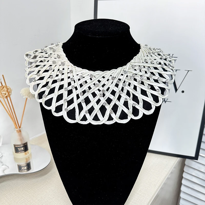 Полый искусственный воротник со стразами и бисером, модная кружевная основа, тканевый топ, свитер, внутренняя рубашка, блузка, милый съемный декоративный воротник