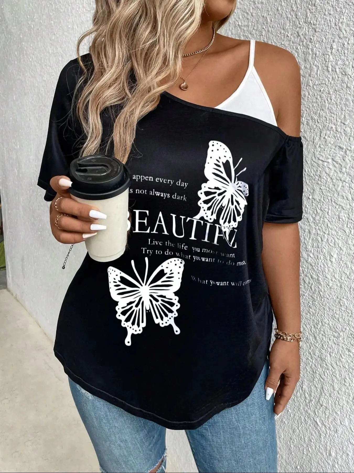 

【Plus Size】 Butterfly Print Curved Hem Tee, Casual Fashion Cap Sleeve T-shirt for Daily Wear, Women Plus Clothing for Summer, To