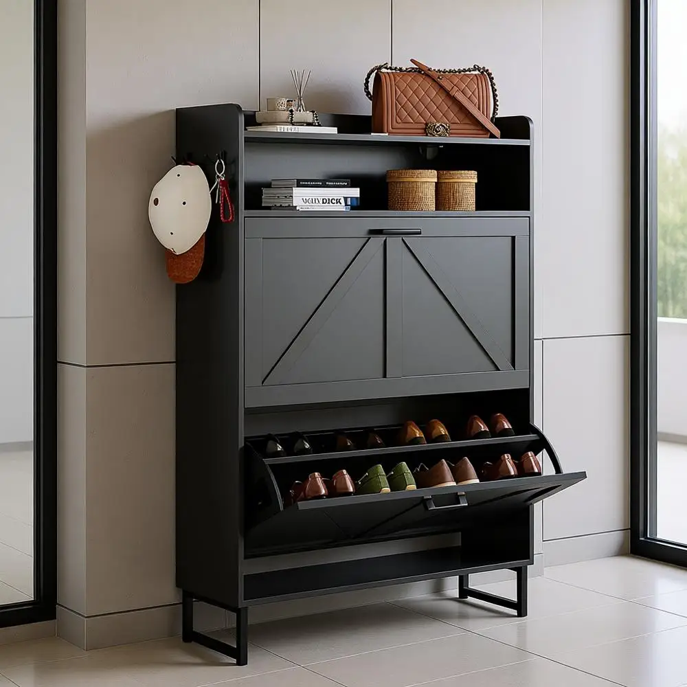 

Узкий 45-й высокий деревянный шкаф для обуви с металлическими ножками, крючками и двойными дверцами для прихожей или прихожей черного цвета