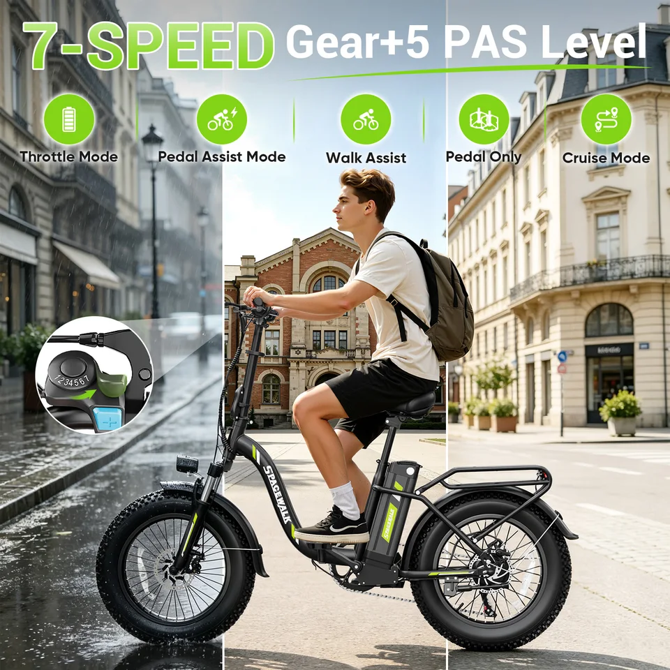 Spacewalk 1500W Foldable Electric Bike for Adults 20x4.0 Folding E-Bike 48V 15Ah Removable Battery 28MPH Long Range 45-60 Miles 7-Speed Gears 5 PAS with NFC Unlock image 5