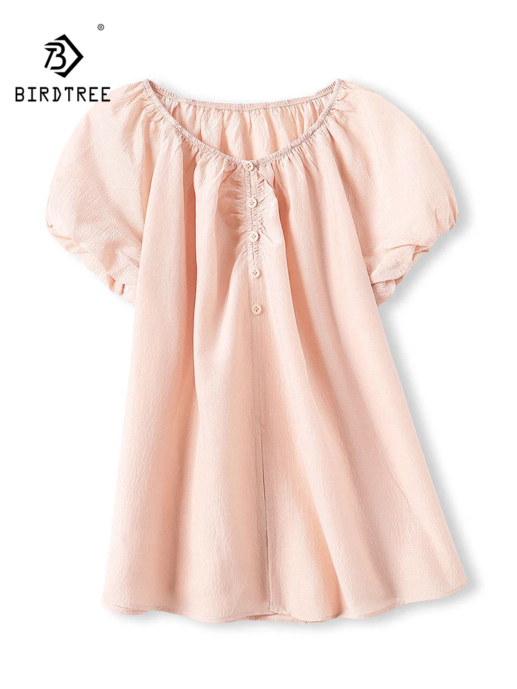 

BirdTree-Silk Bubble Crepe Elegant T-Shirt, Slash Neck Lantern Sleeve, Women French Sweet Cool Loose Top, 2026 Summer T63963CC