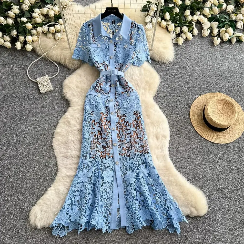 

Elegant Luxury Short Sleeve Evening Dress with Crystal Buttons Hollow out Embroidery Midi Lace Long Women's Dress for Summer For