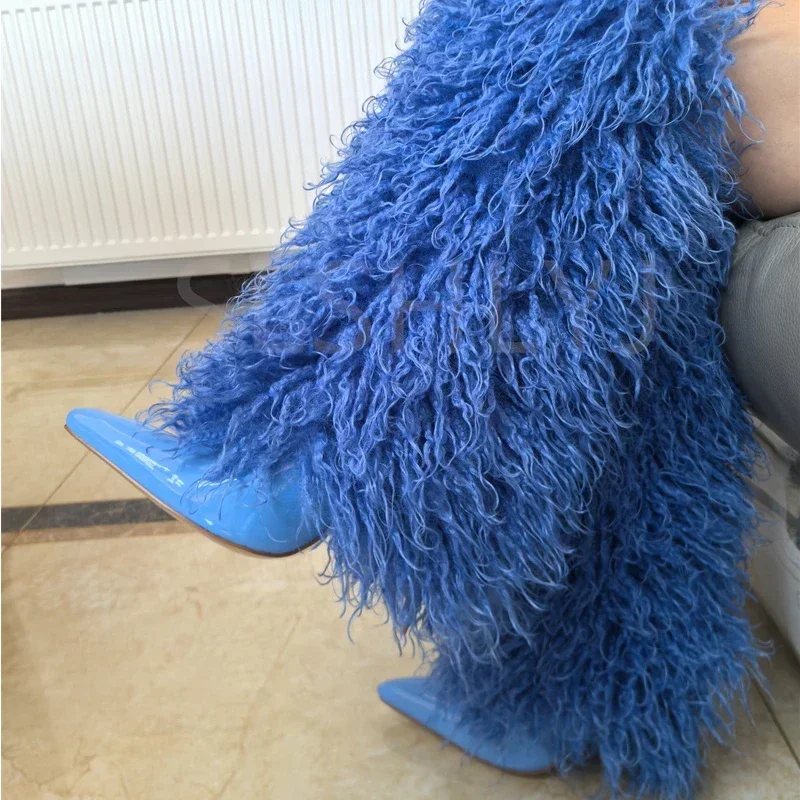 Fashion Candy Colored Plush Knee High Boots Sexy Orange Purple Winter Pointed High-heel Boots 35-43 Magazine Model Women's Shoes image 5