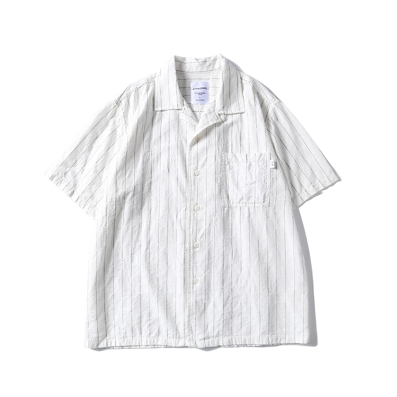 Men's ultra high quality Japanese vintage striped jacquard Cuba collared linen short sleeve shirt