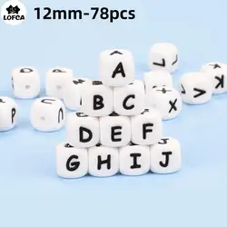 Lofca 78pcs 12mm Silicone Alphabet Beads Cube Silicone letter beads BPA free Food Grade Necklace Making DIY Baby Teether