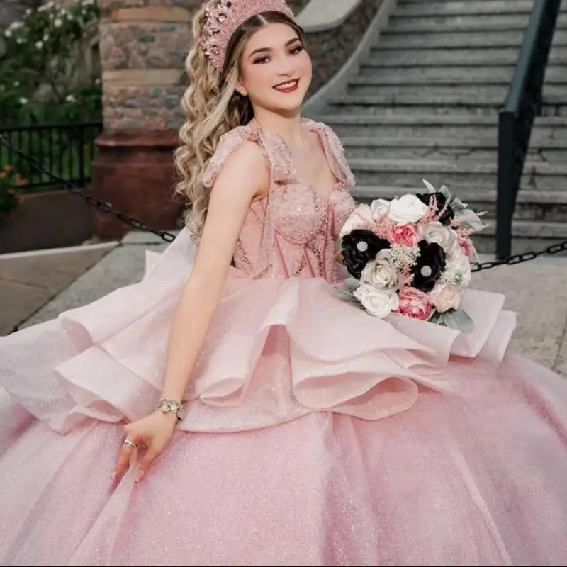 

2025 Shiny Pink Quinceanera Dress Ball Gown Tiered Lace Appplique Beaded Corset Sweet 16 Vestidos De 15 Años