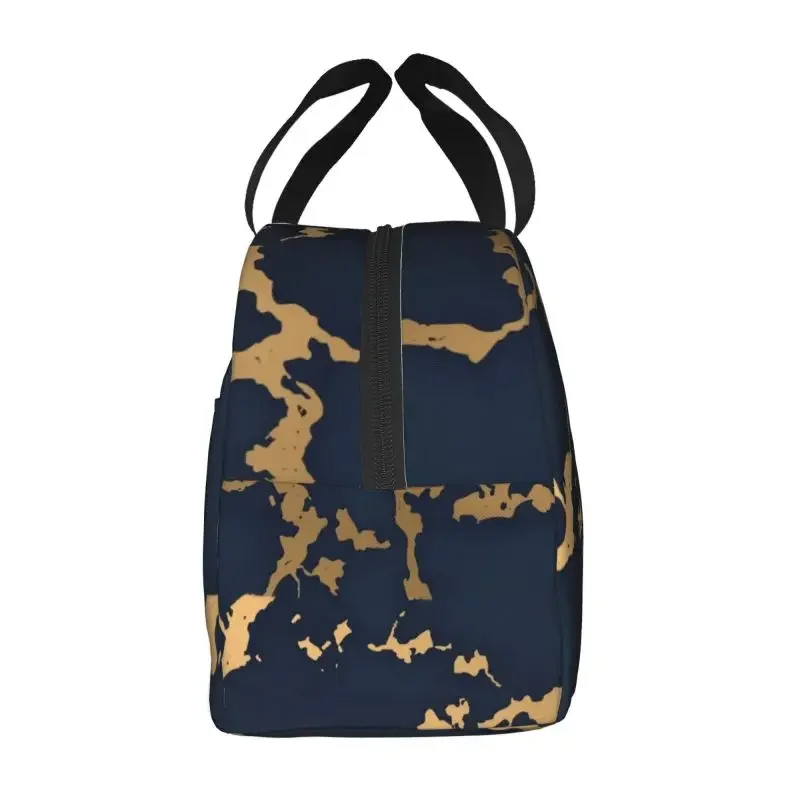 Navy Blue Gold Marble Thermal Insulated Lunch Bag Abstract Texture Pop Art Lunch Container for School Travel Storage Food Box