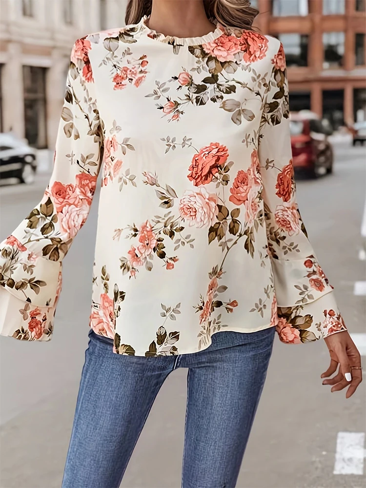 おしゃれな春夏レディース花柄ベルスリーブカラーシャツエレガントな雰囲気カジュアルウェア
