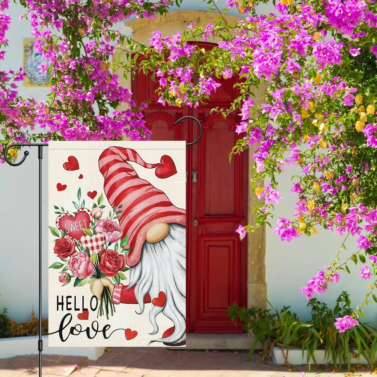 Louise Maelys Hello Love Valentine's Day Garden Flag Gnome Floral Heart 12x18 Inch Double Sided Welcome Small Burlap Spr IIK yyi