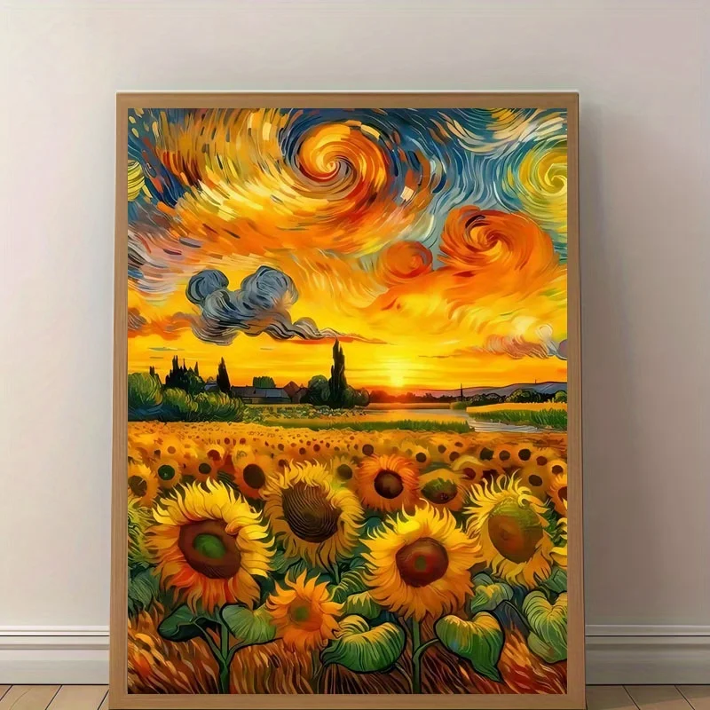 Van Gogh Inspired Sunflower Field at Sunset Canvas Art Print – Vibrant Impressionist Wall Decor for Living Room, Bedroom, Off