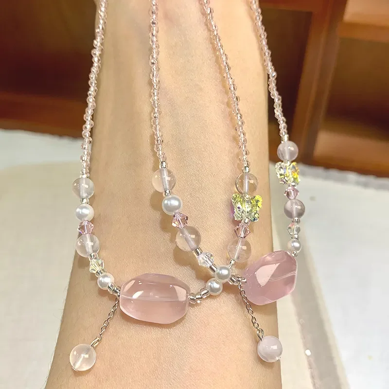 Crystal Necklace Powder Accompanying Button Head Clavicle Chain Women's Pendant Neck Chain Pink