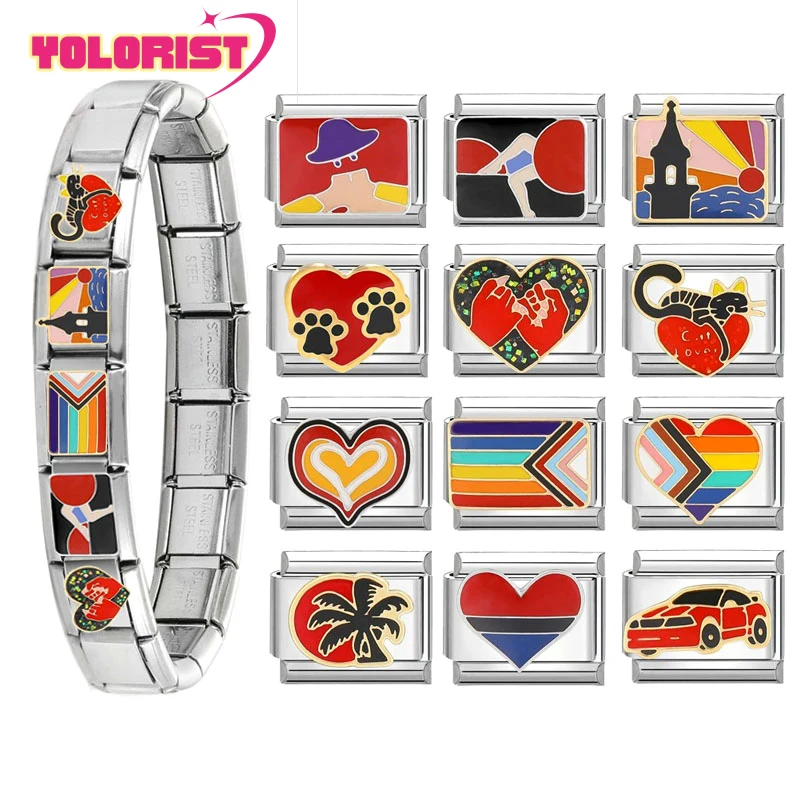 Yolorist Creative Rainbow Love Spaceship Cat Paw Italian Charm Links Fit 9mm Bracelet Stainless Steel DIY Jewelry Making