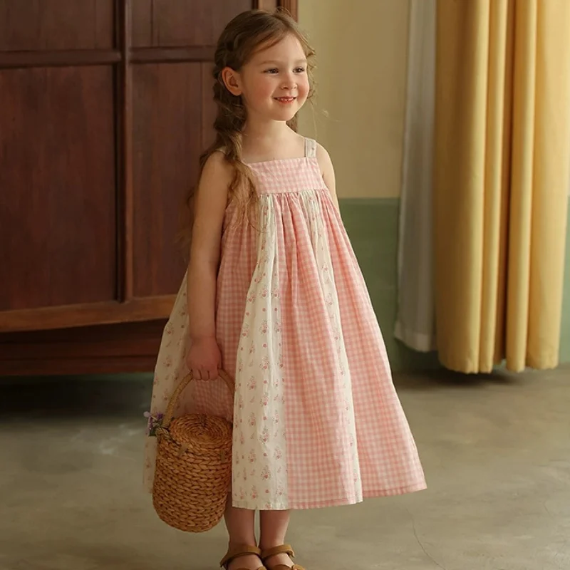 Children\'s Plaid Dress Pastoral Floral Skirt Girl Princess Dress Children\'s Patchwork Slip Dress Party Sleeveless Dress