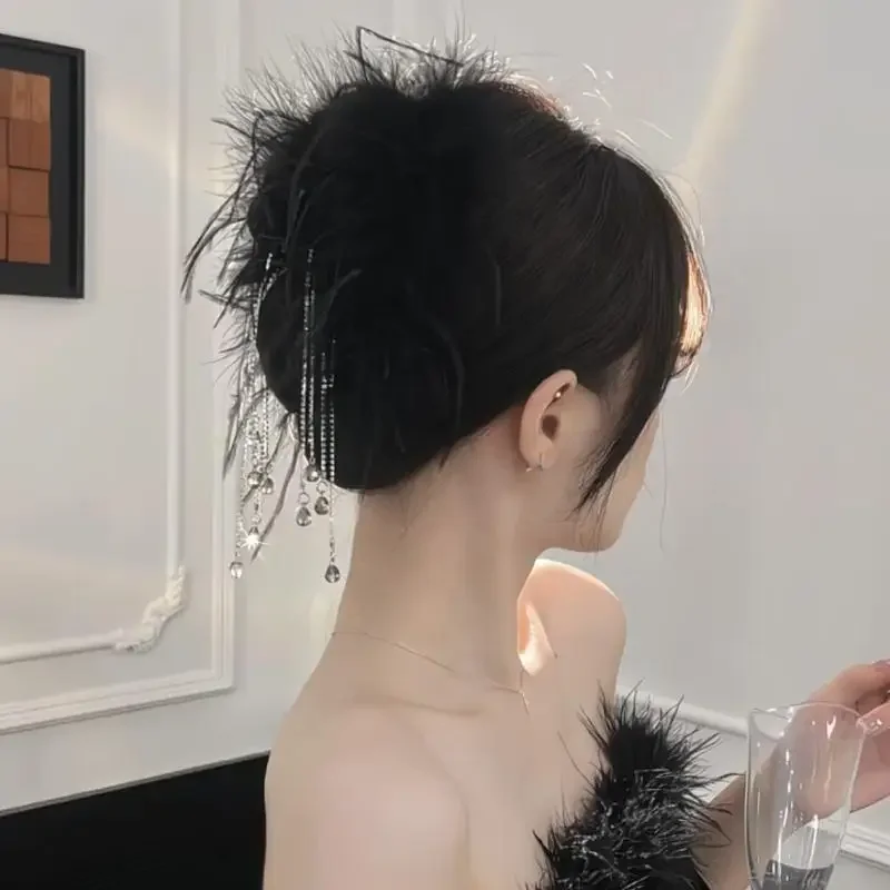 دبوس شعر أنيق على شكل ريشة للأميرة للنساء، غطاء رأس بمخلب شعر، شرابات طويلة، مشبك إكسسوارات شعر نسائية