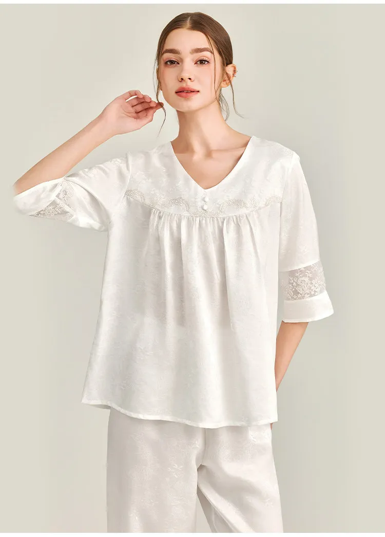 22MM 100% Real Mulberry Silk Palace Style Pijama Suit Loungewear Women's Pajamas Set Plus Size Jacquard Night Home Clothes PJs