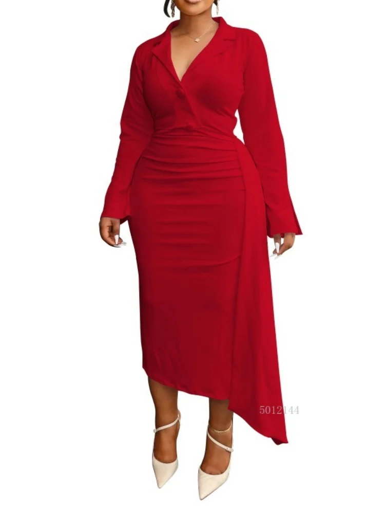 

L-4XL африканские платья больших размеров для женщин, осеннее элегантное африканское длинное платье макси из полиэстера с длинными рукавами и v-образным вырезом, африканская одежда