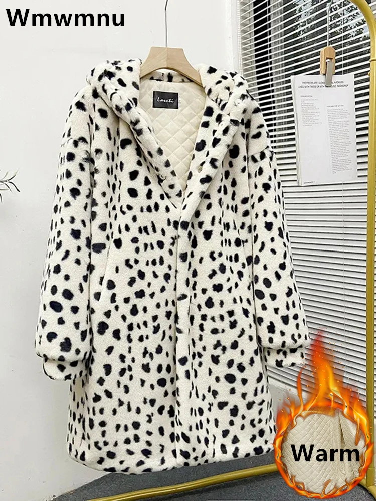 

Winter Long Faux Fur Coats Women's Loose Warm Thicken Plush Fluffy Overcoats Leopard Print Hooded Fake Rabbit Hair Jackets New