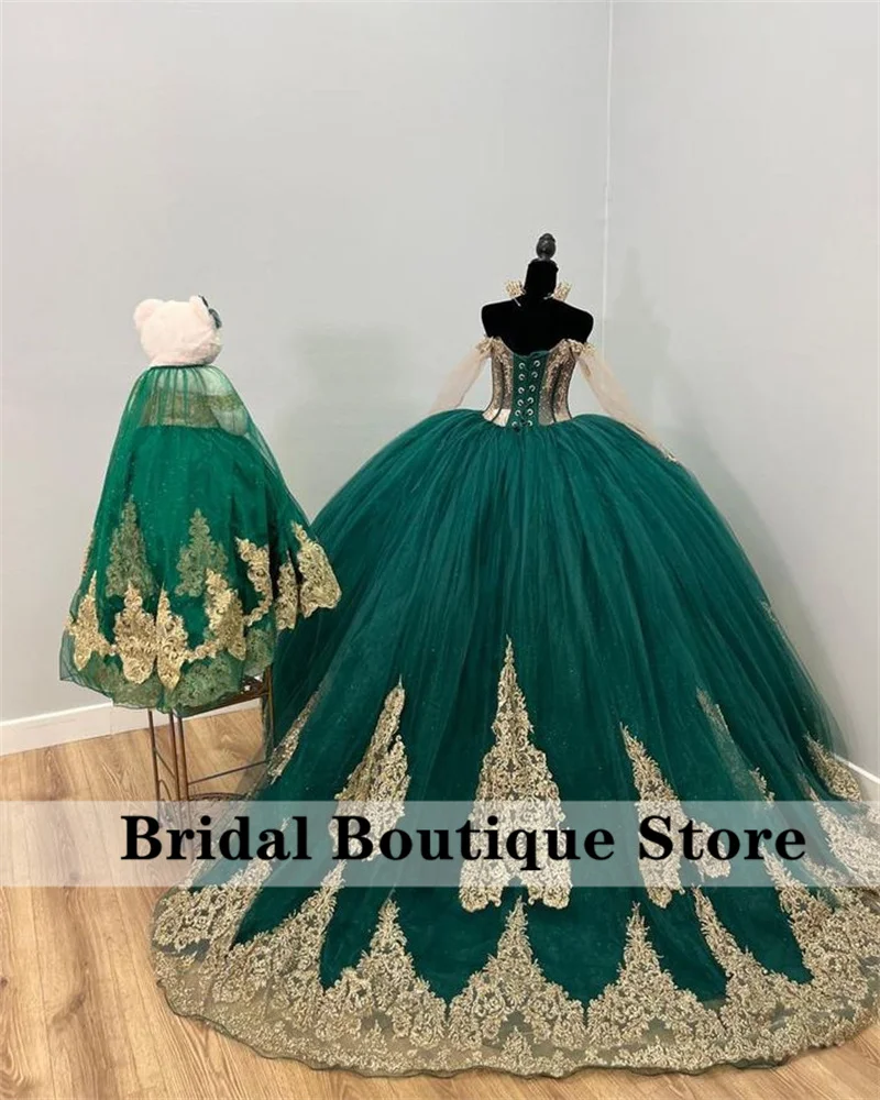 Emerald Green Princess Quinceanera Dresses Sparkly Sequins Appliques Beads Sweet 16 Prom Party Corset Vestidos De 15 Años