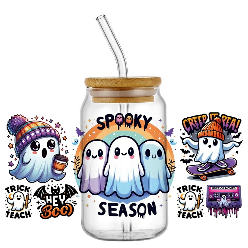 3D Cute Ghost Decal Waterproof UV DTF Cup Wrap for 16oz Libbey Glasses Can DIY Cartoon Spooky Mug Washable Transfer Sticker