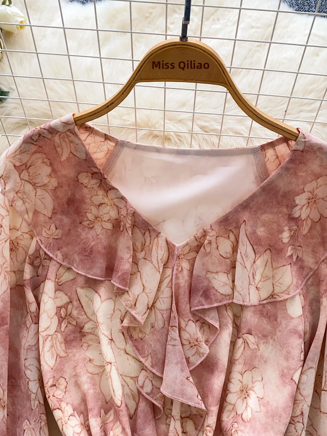 Franse Sle losse pasvorm bloemenprint irt Faionable Bell Sve-blouse voor dames met kanten rand Veelzijdige top voor woon-werkverkeer