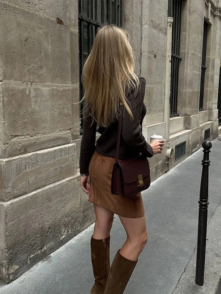 Retro Suede Short Skirt Women's Slim Fit High Waist Bodycon A-line Skirts 2025  Autumn Winter New Commute Street Lady Clothing