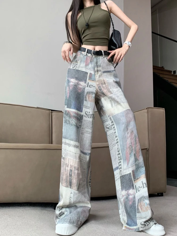 American style printed wide leg jeans women slim fit high waisted hanging feeling straight leg floor length pants