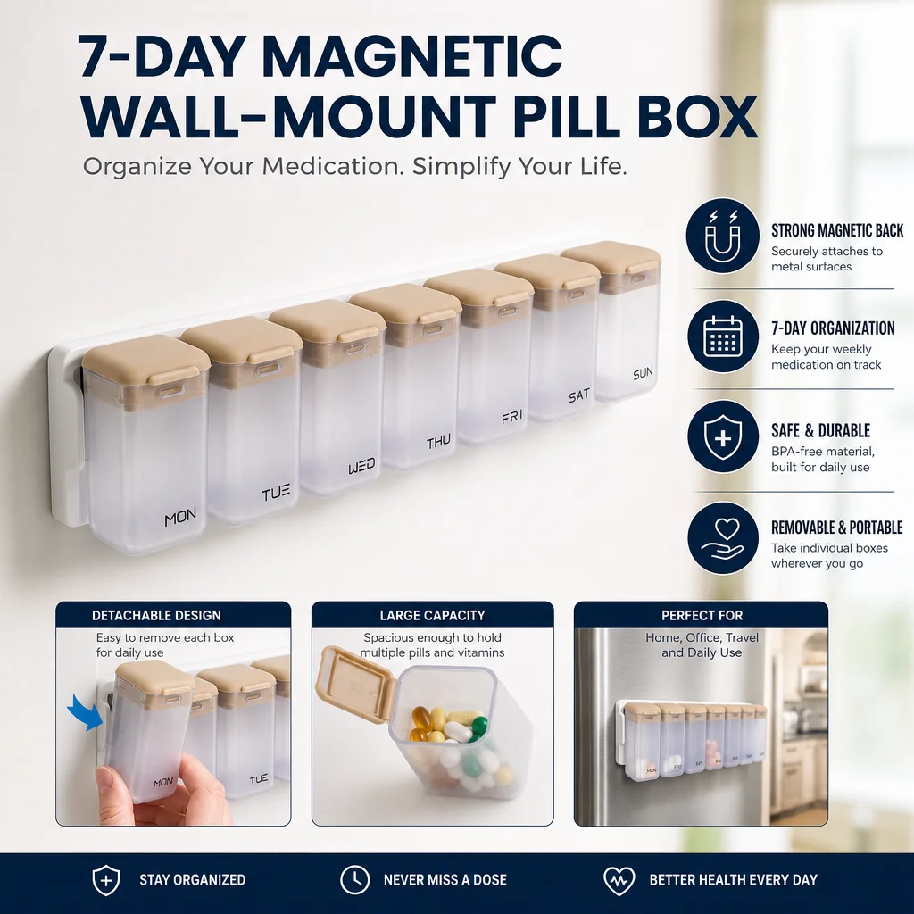 2PCS Weekly Pill Organizer Magnetic,Removable Pill Box 7 Day 1 Time a Day, Large Pill Case, Week Once Daily Medication Dispenser