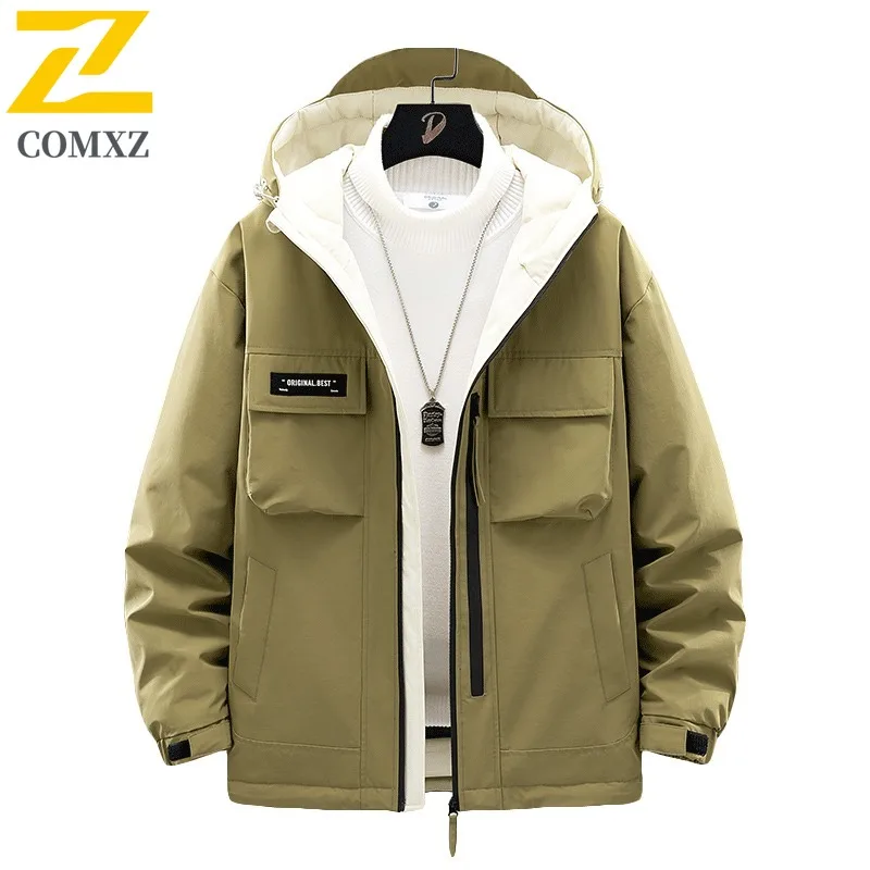 COMXZ Men Duck Down 3 in 1 Winter Jacket American Style Vintage Hooded Workwear Windproof Outdoor Sport Lightweight Coat 2025