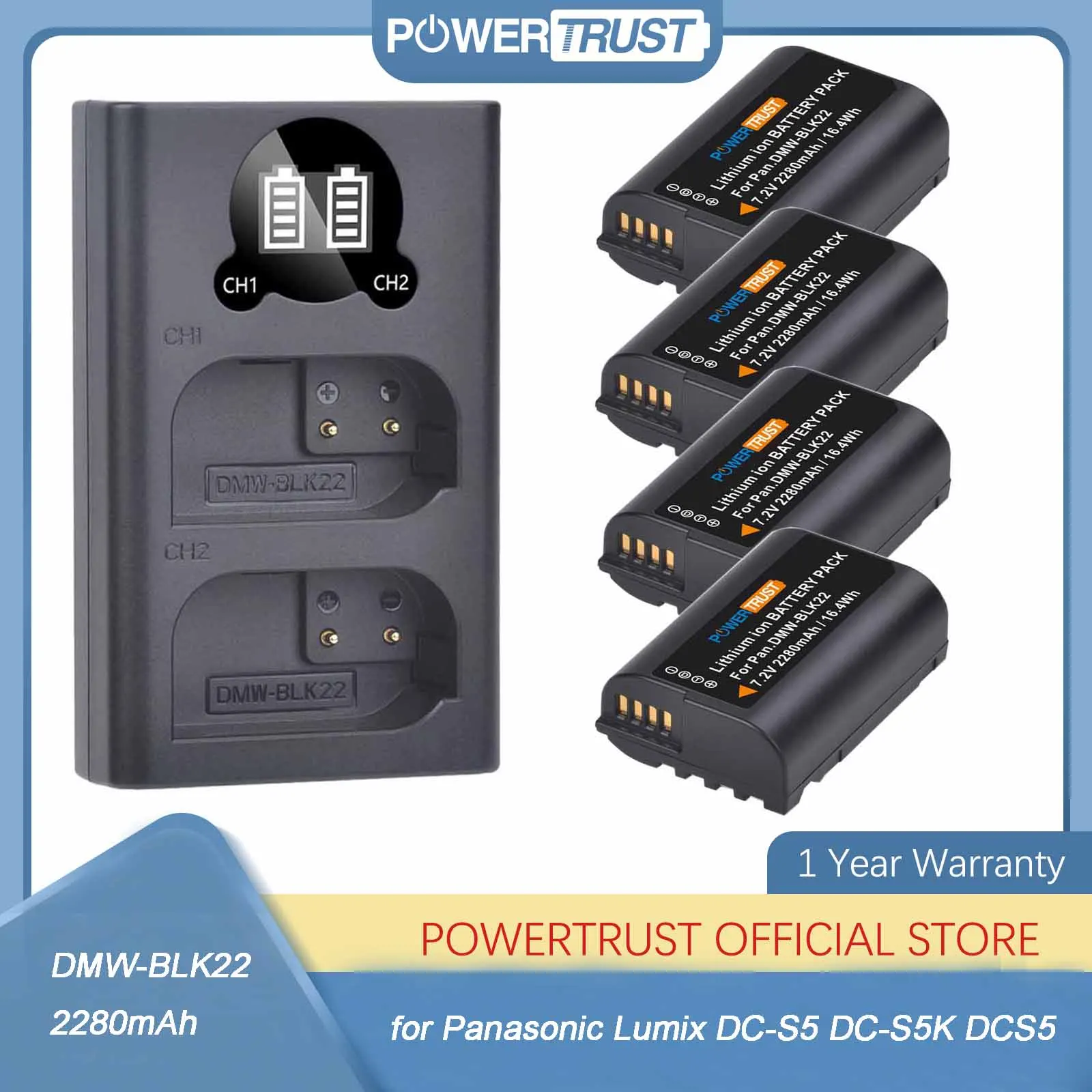 DMW-BLK22 2280mAh DMW BLK22 DMWBLK22 Battery and LED USB Charger for Panasonic Lumix DC-S5 DC-S5K DCS5 DCS5K GH6 GH5 BLK22