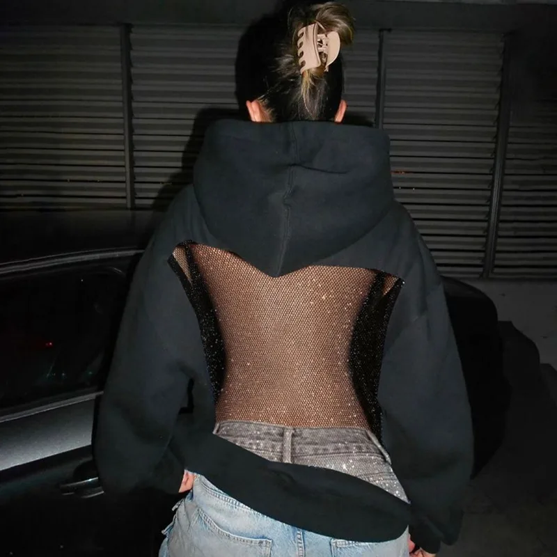 

Alternative Streetwear Hoodie Mesh See Through Backness Y2K Clothes Women's Gothic Sweatshirt Aesthetic Spicy Going Out Top