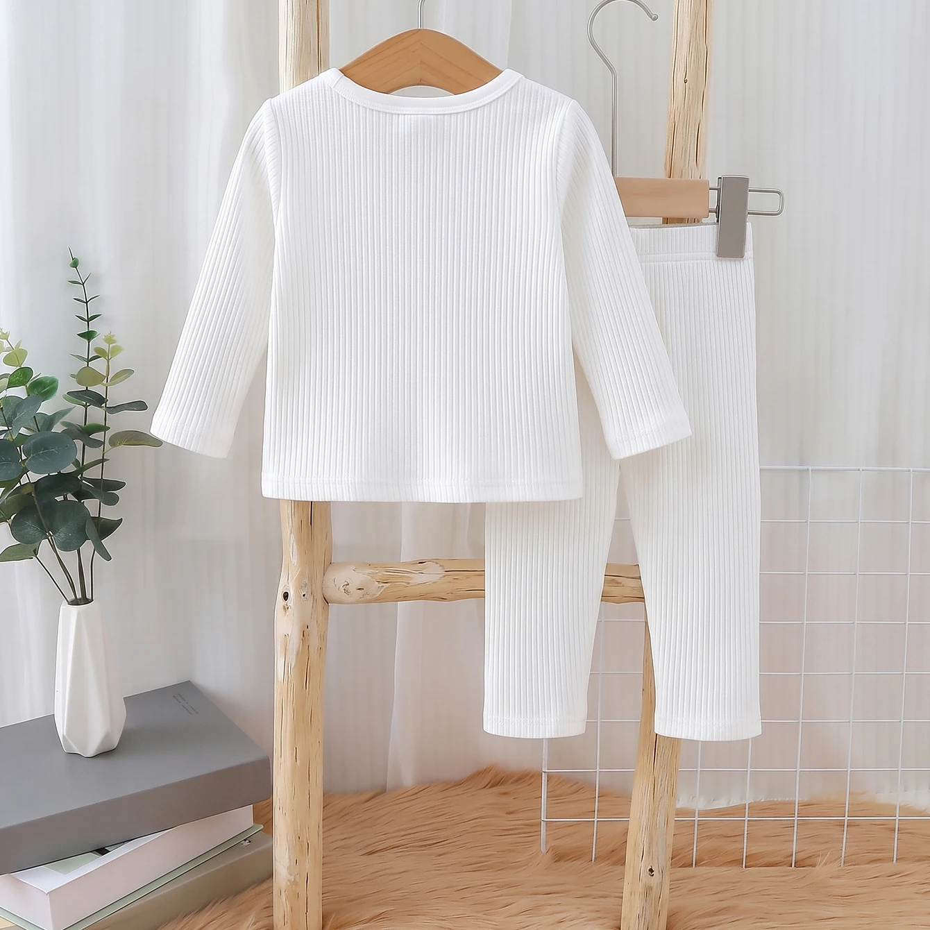 1 Set of Baby Long-Sleeved and Long-Pants Outfit with 3D Bear Design, Suitable for Daily Wear, Ages 3 Months-3 Years, Ribbed Fabric, Spring and Autumn Style