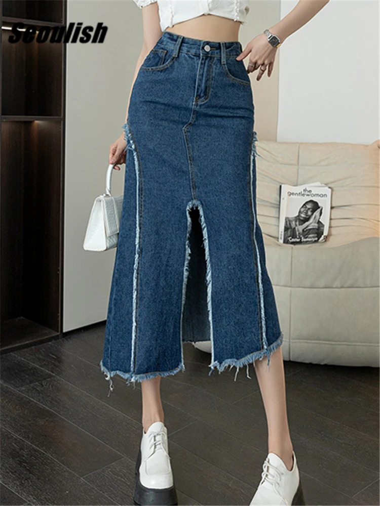 

Seoulish High Waist Classic Front Split Women's Denim Wrap Skirts Tassel Jeans Irregular Straight Midi Skirts Female 2023 New