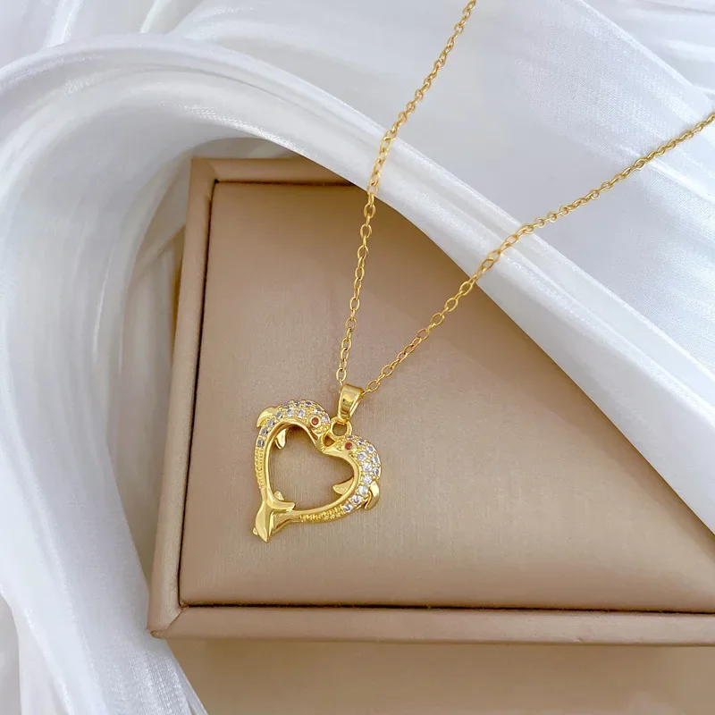 Stainless Steel Chain Necklace Romantic Double Zircon Dolphin Love Heart Pendant Necklaces for Women Jewelry Gifts for Lover