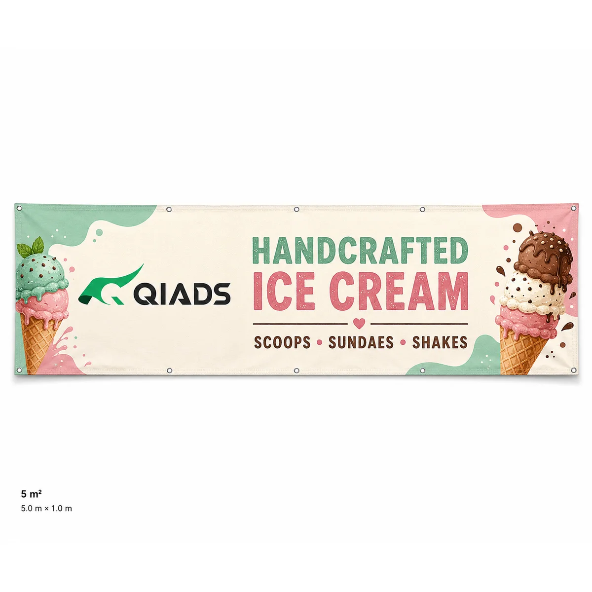 QIADS 5m² Ice Cream Shop Custom Banner 5.0m X 1.0m Storefront Sign with Metal Grommets and Reinforced Hem