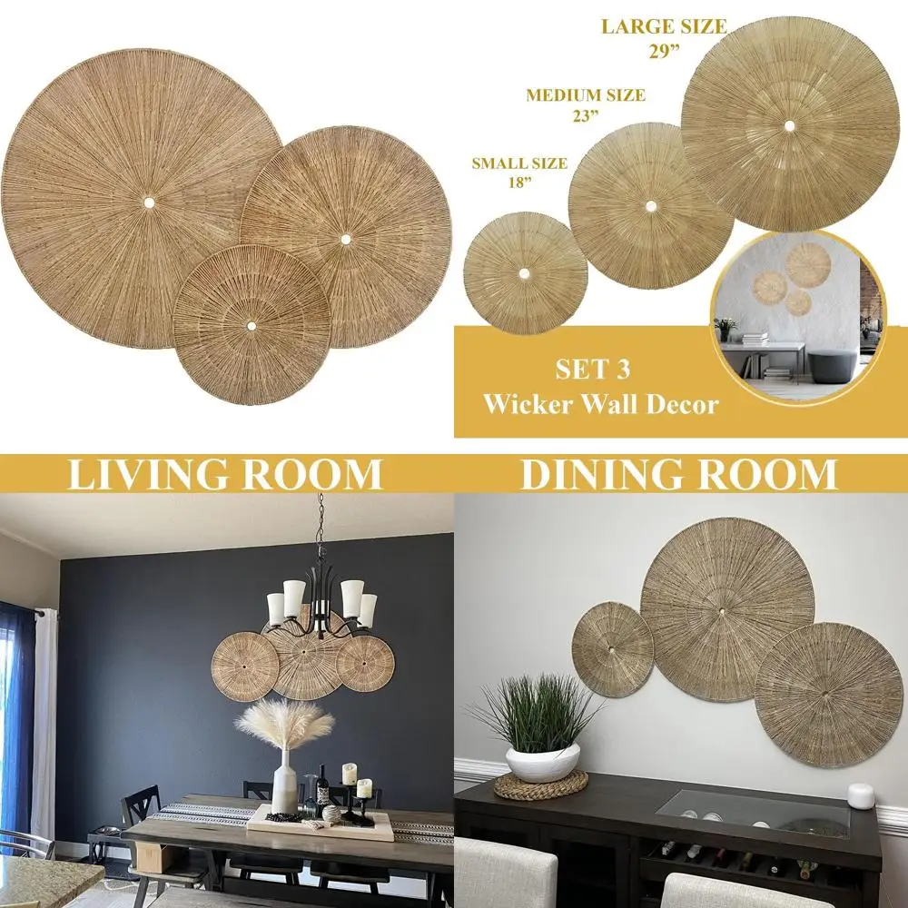 

Набор из 3 плетеных настенных декораций KOLWOVEN, диаметр 29, 23, 18 дюймов, плетеные настенные корзины, декор в стиле бохо для спальни или над кроватью