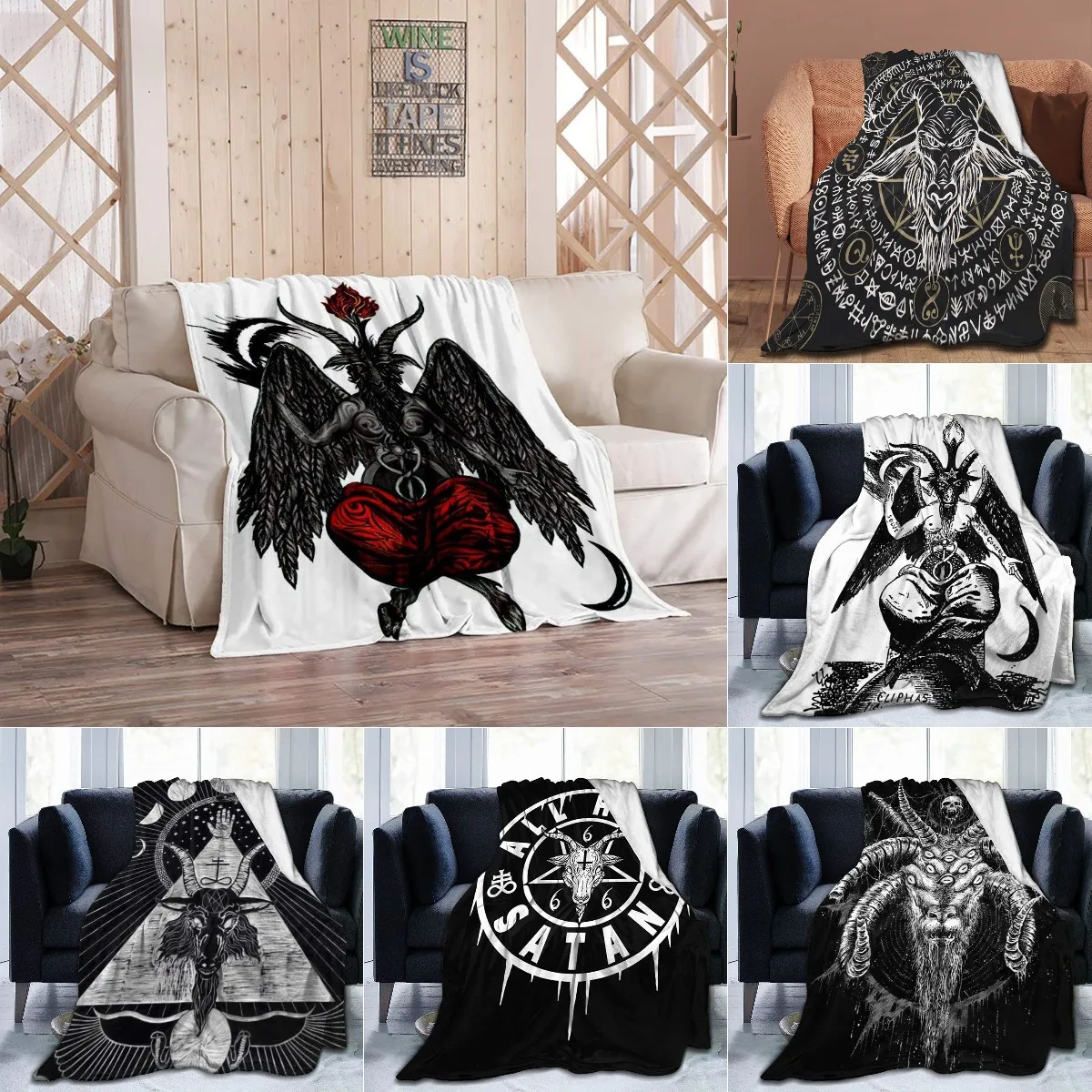 Baphomet Blanket, Warm Home Soft Cozy Portable Fuzzy Throw Blankets for Couch Bed Sofa,Demon Baphomet Satanic Symbol Horror Goat