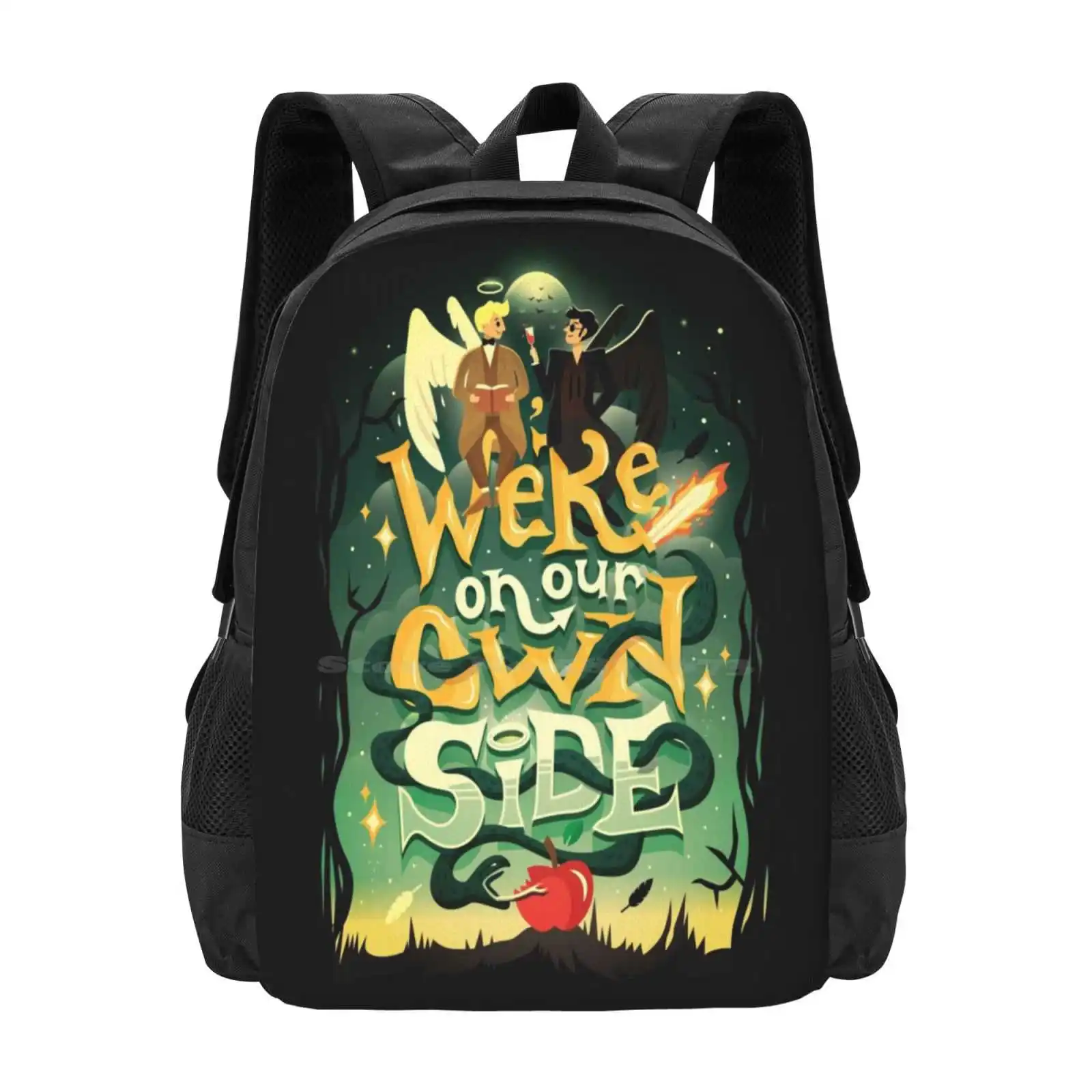 Own Side Hot Sale Schoolbag Backpack Fashion Bags Lettering Angel Demon Armageddon Books Typography Quotes Pop Culture