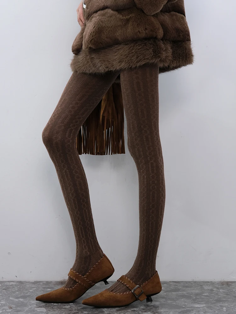 Retro Chain Pattern Tights Women Autumn Winter Basic Thickened Wool Tights High Streetwear Stocking Pantyhose