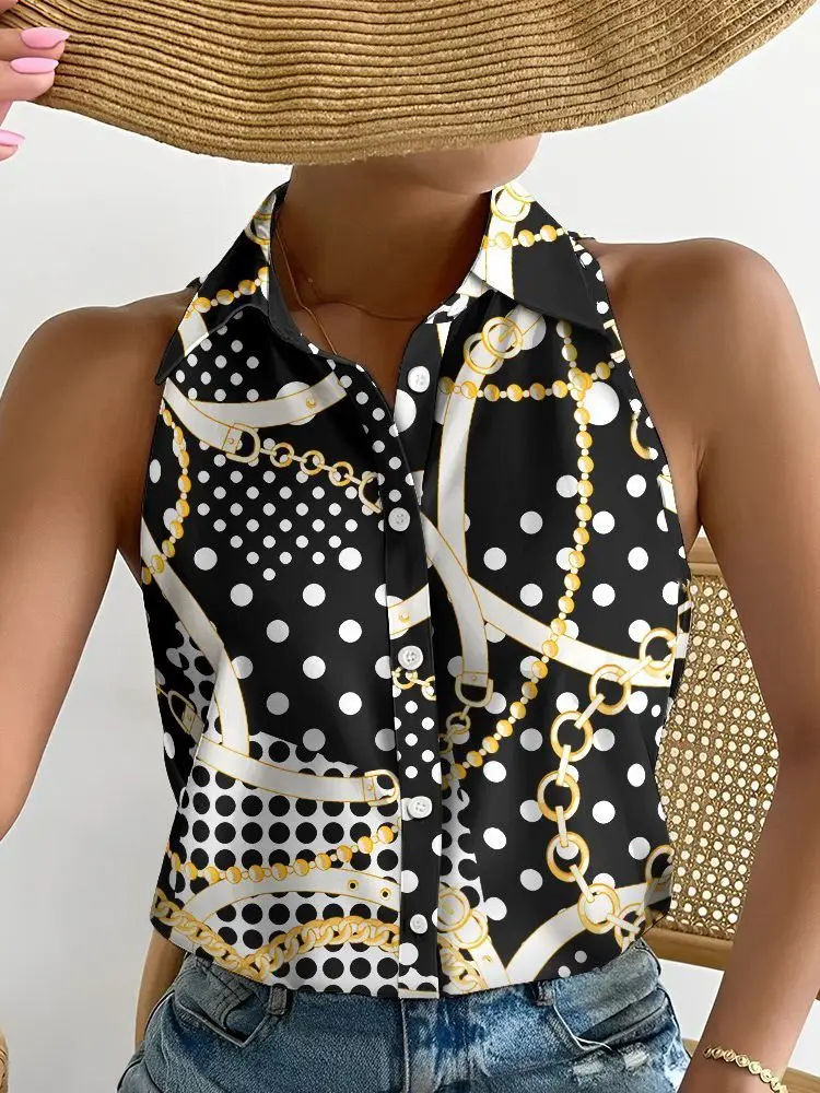 

Women Button Blouses Shirt Chain Print Female Tops Summer Blusas Lady Sexy Sleeveless Off Shoulder Shirts Mujer Streetwear 2023
