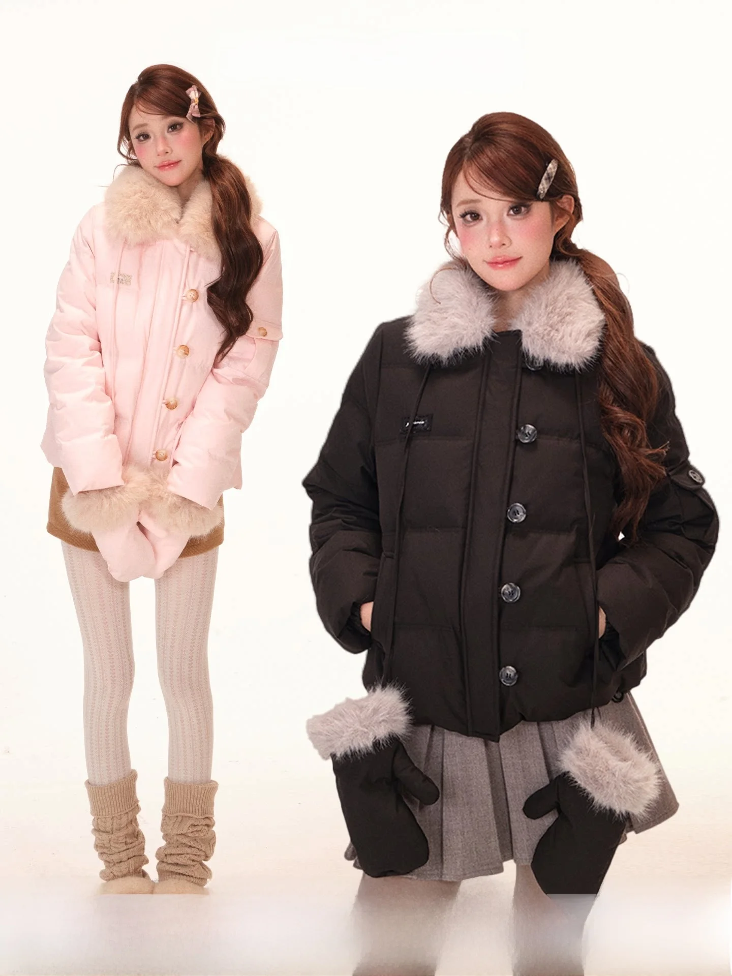 

Loose Du down Jaet with Fur Collar And Gloves Built-In Winter Warm Casual Sle White Du Feather Eco-Friendly Coat